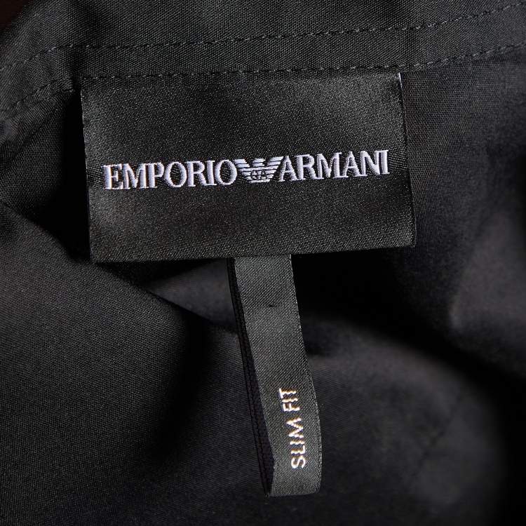 مملوكة مسبقًا Emporio Armani Black Cotton Logo Detail Collar Slim Fit Shirt M