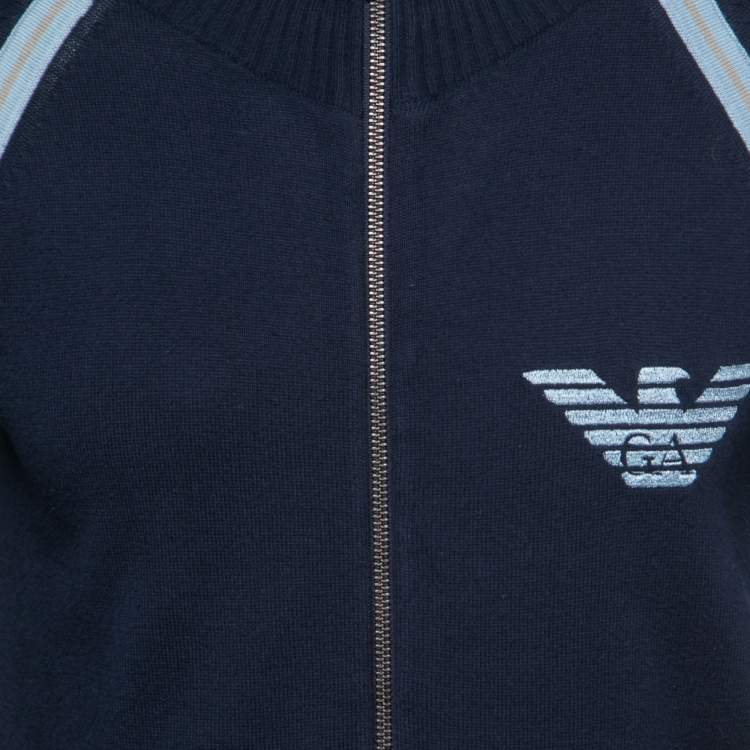 Pre Owned Emporio Armani Navy Blue Knit Zip Front Jacket M