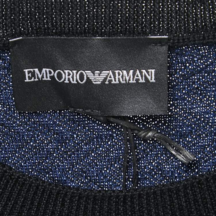 Pre Owned Emporio Armani Navy Blue/Black Patterned Wool Knit Crew Neck Sweater 3XL