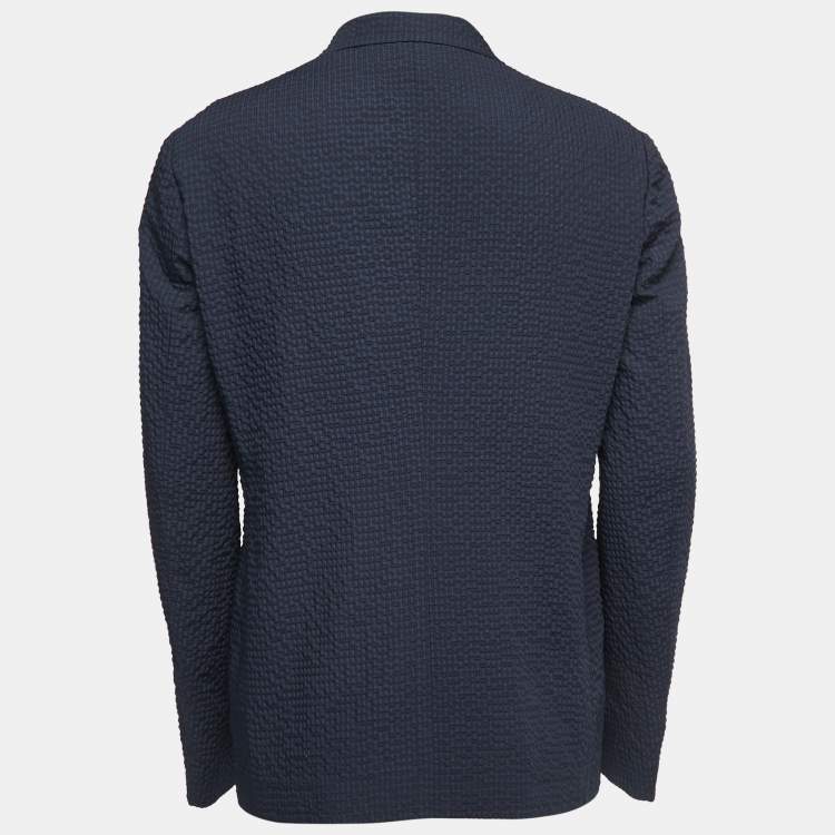 Pre Owned Emporio Armani Navy Blue Patterned Synthetic Single Breasted Blazer XL