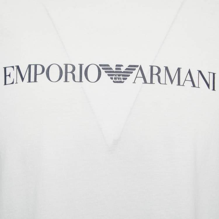 Pre Owned Emporio Armani White Logo Print Cotton Crew Neck T-shirt XXL