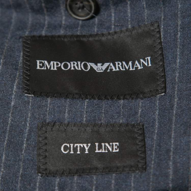 Pre Owned Emporio Armani Navy Blue Pinstriped Wool City Line Suit XL