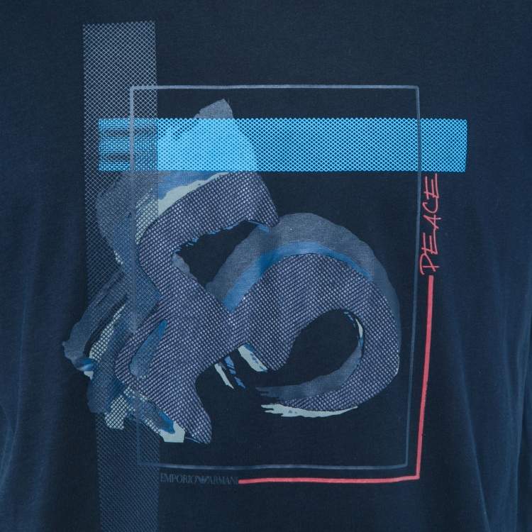Pre Owned Emporio Armani Navy Blue Printed Cotton Knit T-shirt XXL
