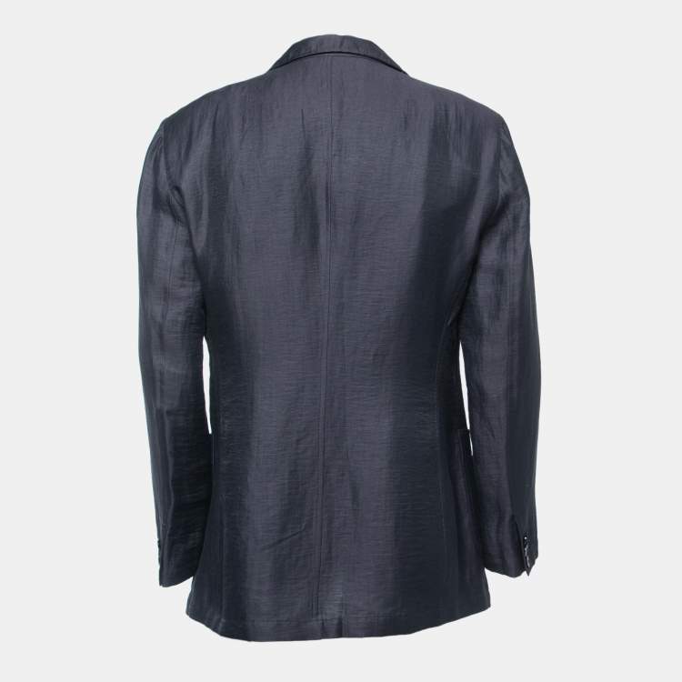 Pre Owned Emporio Armani Navy Blue Linen Single Breasted Jacket XXL