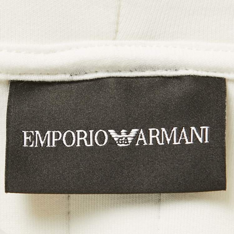 مملوكة مسبقًا Emporio Armani Off-White Cream Knit Logo Tape Detail Hooded Sweatshirt L