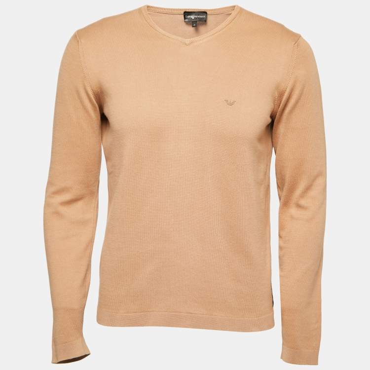 Emporio Armani Beige Cotton Knit V-Neck Sweater L Emporio