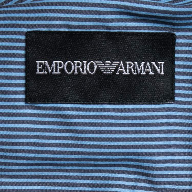 Pre Owned Emporio Armani Blue Striped Cotton Button Front Full Sleeve Shirt XXL