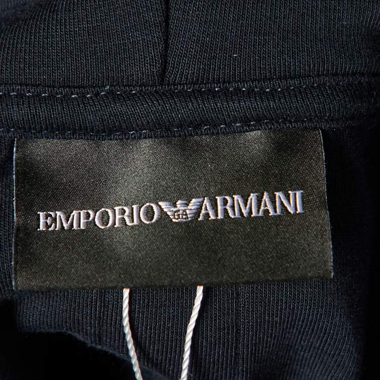 مملوكة مسبقًا Emporio Armani Navy Blue Cotton Knit Log Tape Detail Hoodie S