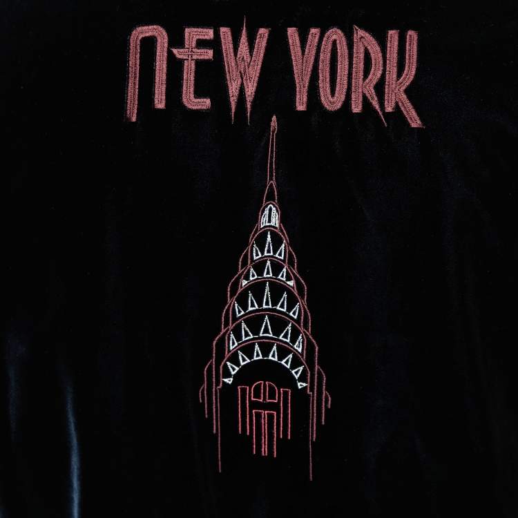 مملوكة مسبقًا Emporio Armani Navy Blue Velvet NY Embroiderd Contrast Collar Bomber Jacket S