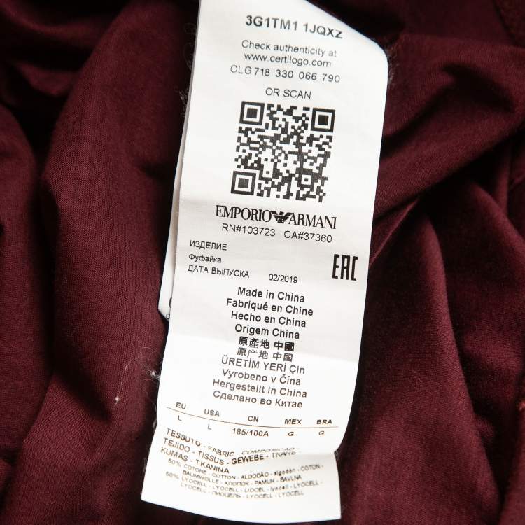 Pre Owned Emporio Armani Burgundy Printed Cotton T-Shirt L