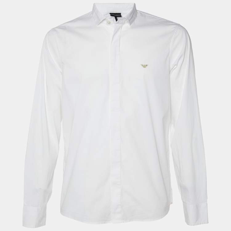 Emporio Armani White Logo Embroidered Cotton Slim Fit Shirt XXL Emporio Armani The Luxury Closet