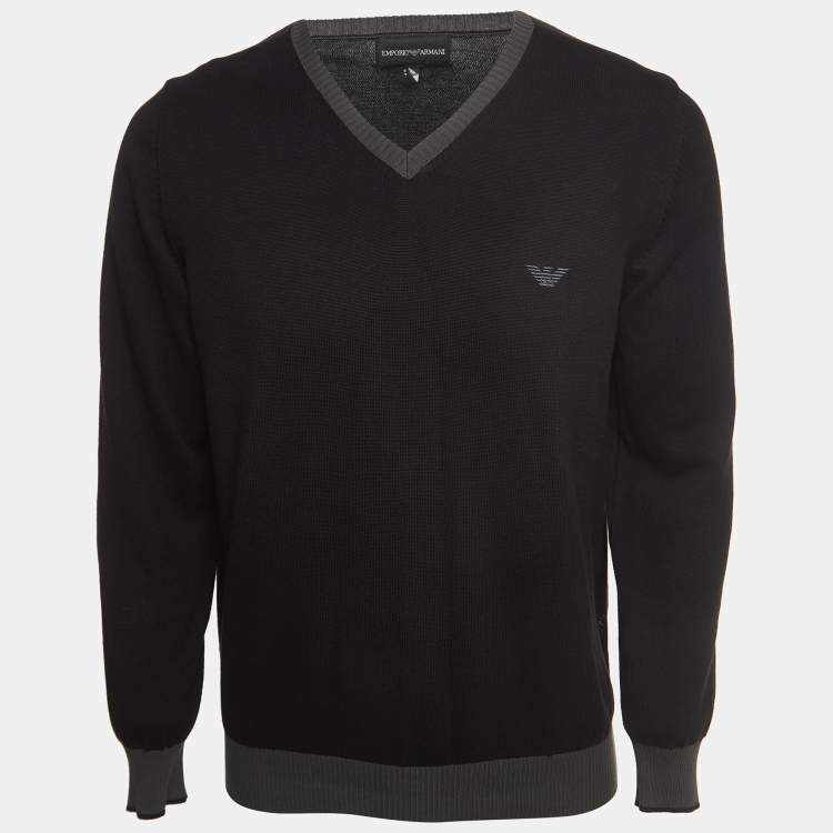 مملوكة مسبقًا Emporio Armani Black Cotton Knit V-Neck Sweater M