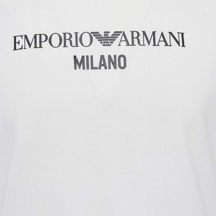 Pre Owned Emporio Armani White Logo Print Cotton Crew Neck T-Shirt L