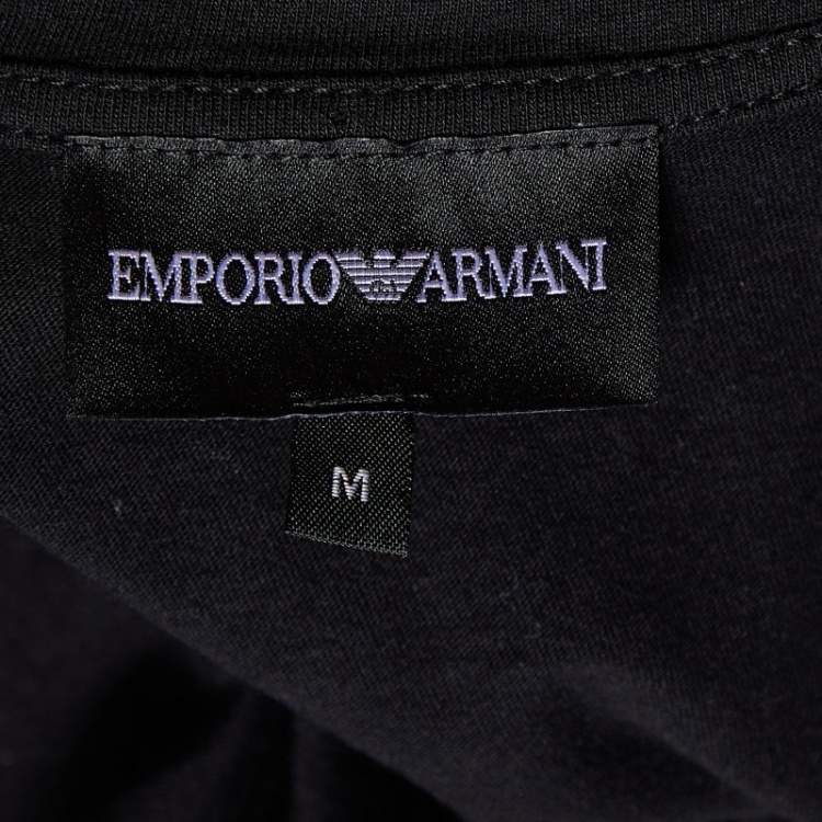 Pre Owned Emporio Armani Black Cotton Patch Detail V-Neck T-Shirt M