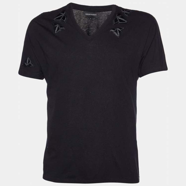 Emporio Armani Black Cotton Patch Detail V Neck T Shirt M Emporio Armani The Luxury Closet