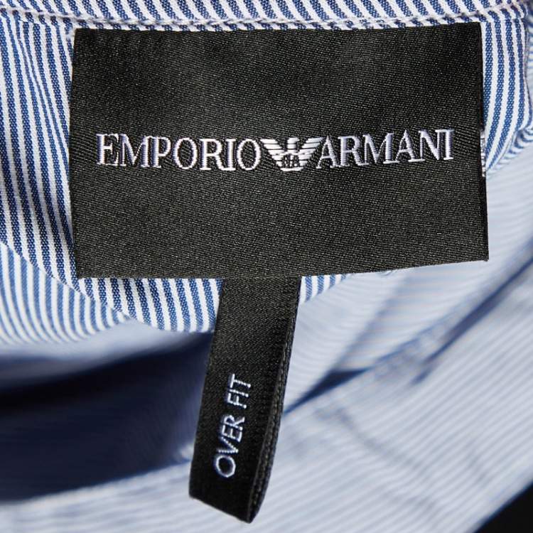 Pre Owned Emporio Armani Blue Striped Cotton Blend Hooded Shirt L/XL