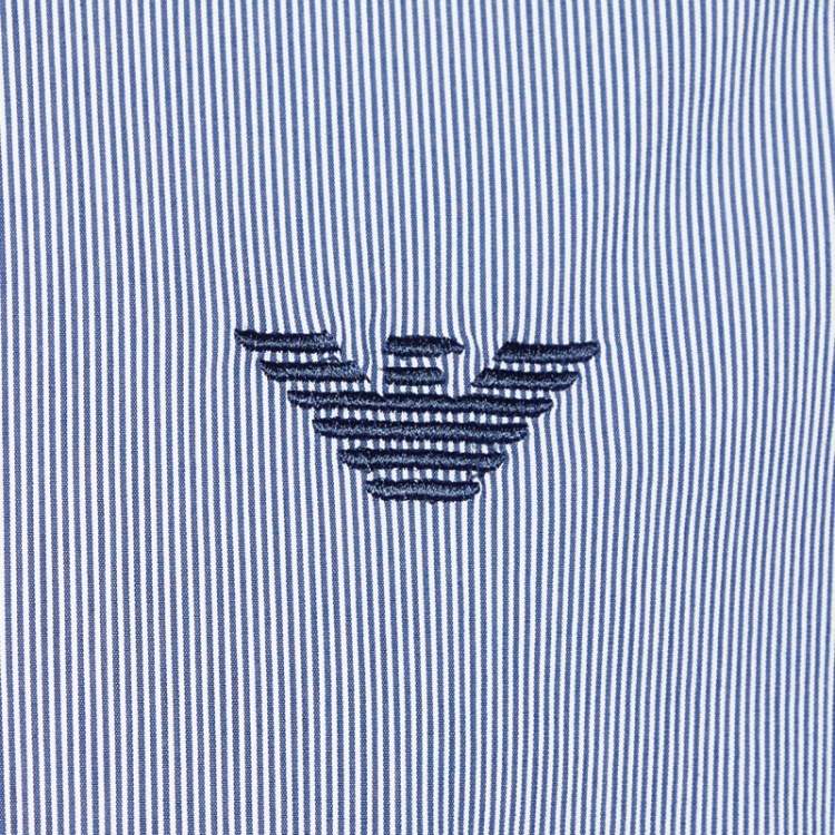 Pre Owned Emporio Armani Blue Striped Cotton Blend Hooded Shirt L/XL