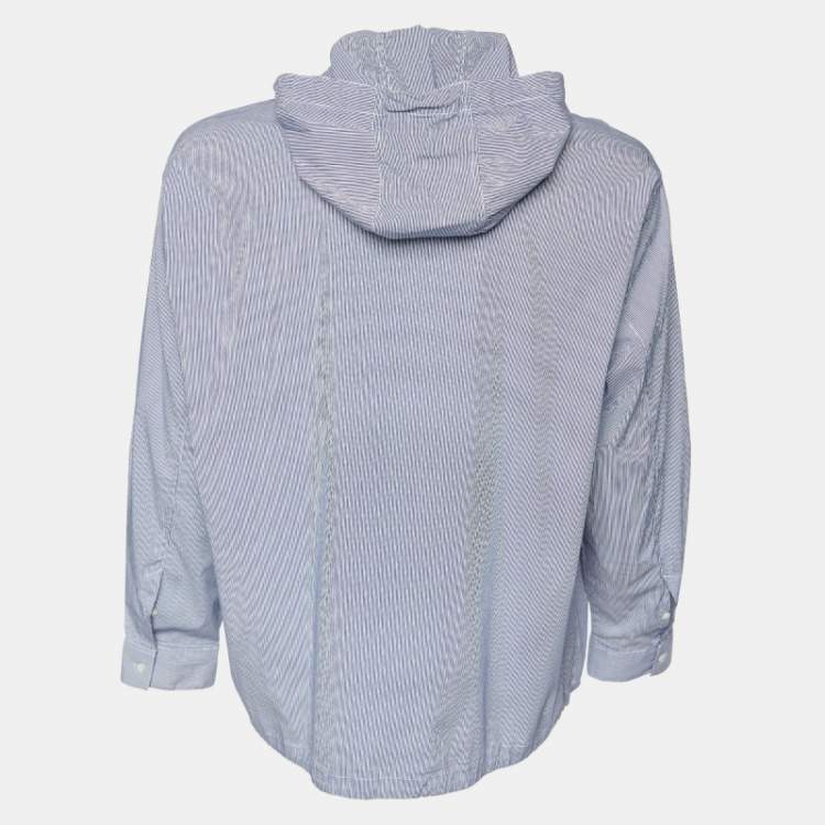 Pre Owned Emporio Armani Blue Striped Cotton Blend Hooded Shirt L/XL