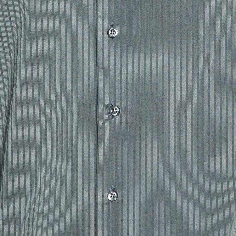 Pre Owned Emporio Armani Grey Striped Cotton Blend Button Down Shirt L
