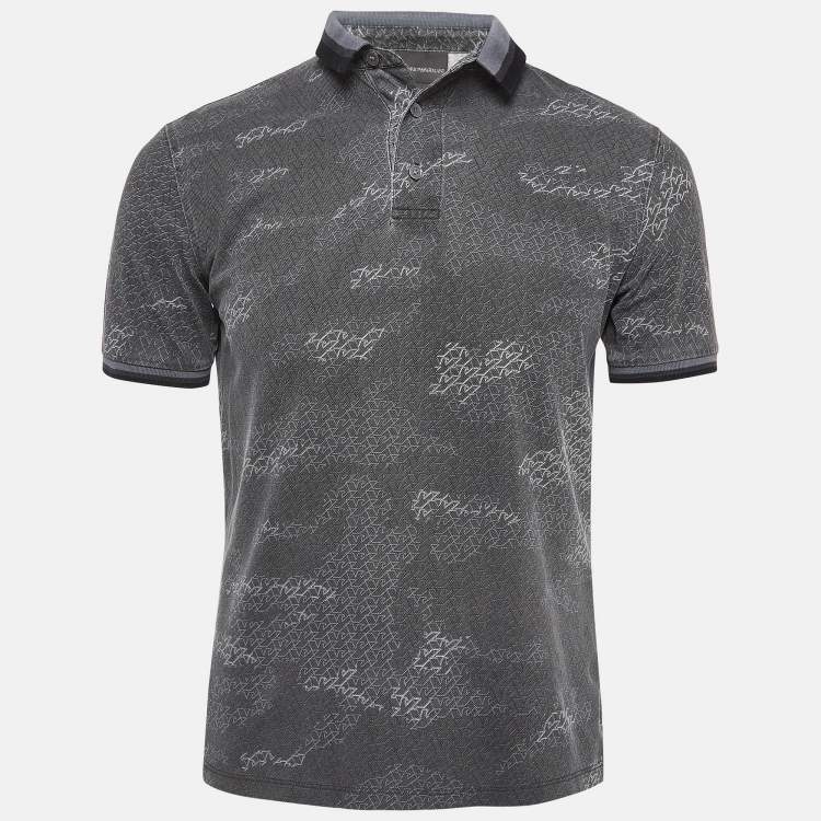 Pre Owned Emporio Armani Grey Printed Knit Polo Contrast Trim T-Shirt S