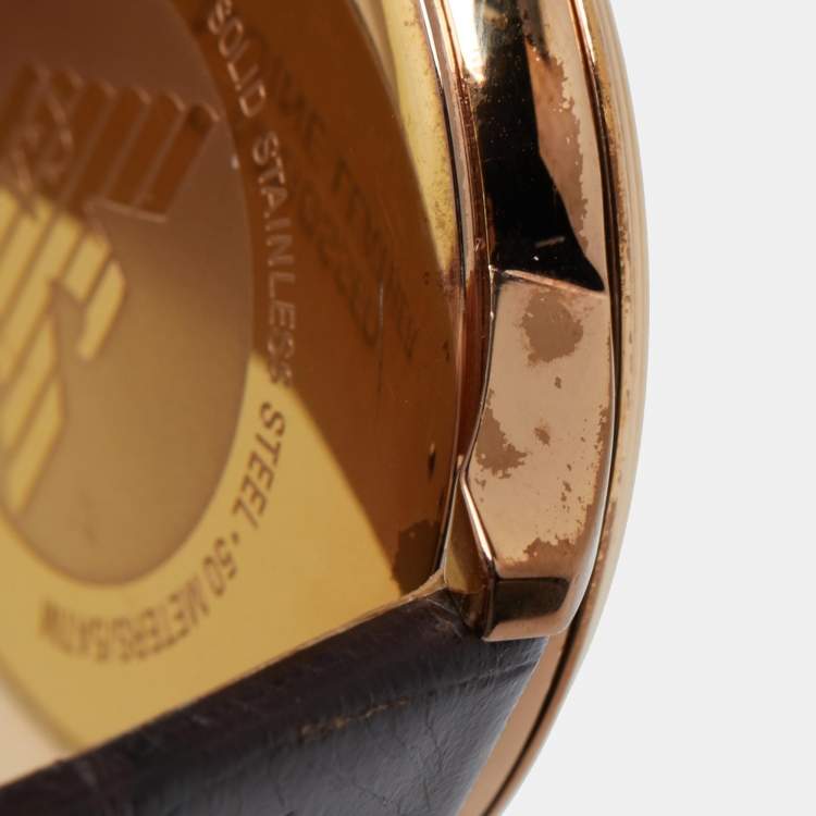 Pre Owned Emporio Armani Brown Gold PVD Coated Stainless Steel Embossed Leather Classic AR1613 Men's Wristwatch 41 mm