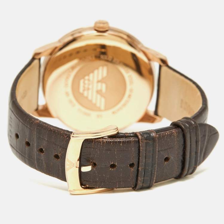 Pre Owned Emporio Armani Brown Gold PVD Coated Stainless Steel Embossed Leather Classic AR1613 Men's Wristwatch 41 mm