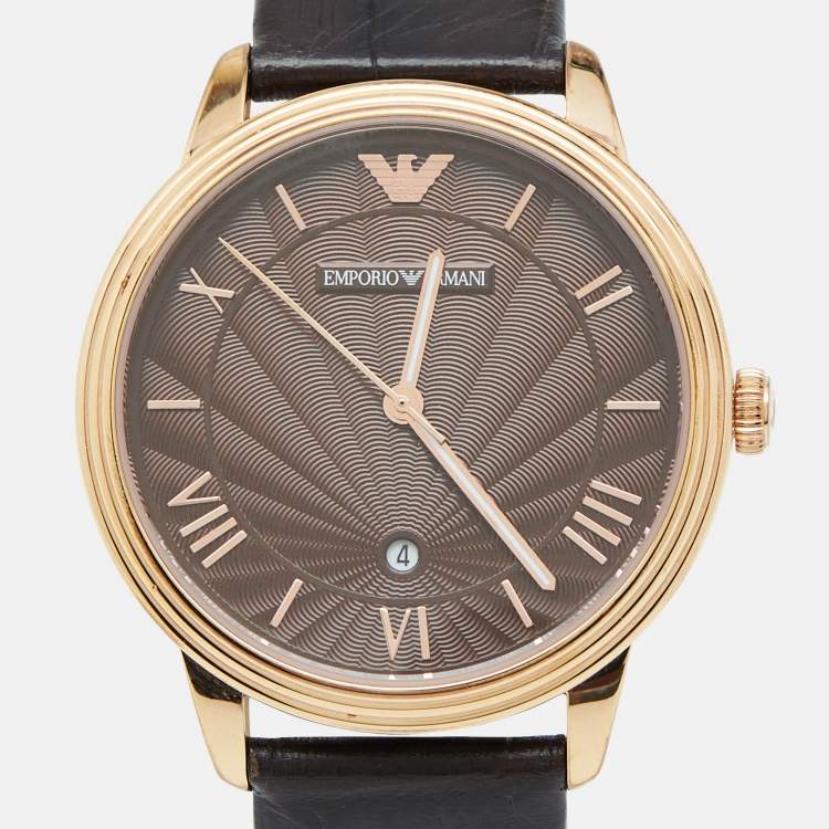Pre Owned Emporio Armani Brown Gold PVD Coated Stainless Steel Embossed Leather Classic AR1613 Men's Wristwatch 41 mm