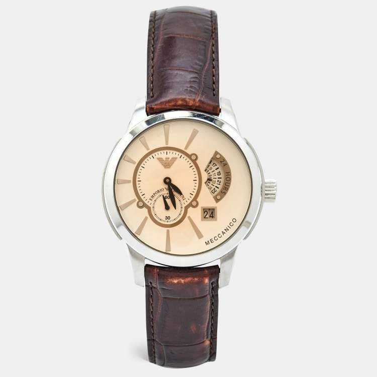 Pre Owned Emporio Armani Beige Stainless Steel Embossed Leather Meccanico AR4604 Men's Wristwatch 43.50 mm