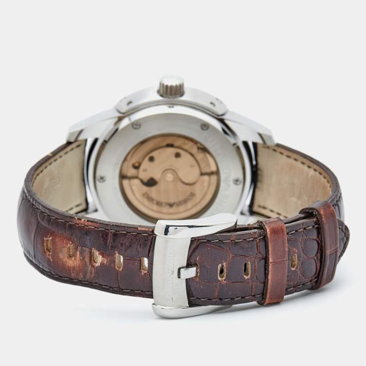 Pre Owned Emporio Armani Beige Stainless Steel Embossed Leather Meccanico AR4604 Men's Wristwatch 43.50 mm