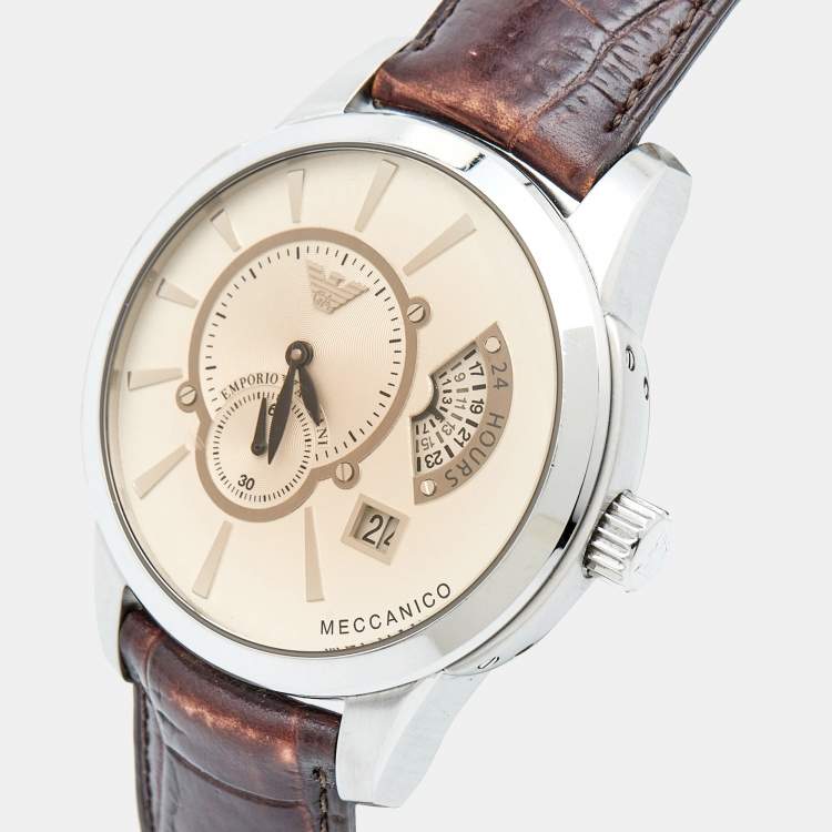 Pre Owned Emporio Armani Beige Stainless Steel Embossed Leather Meccanico AR4604 Men's Wristwatch 43.50 mm