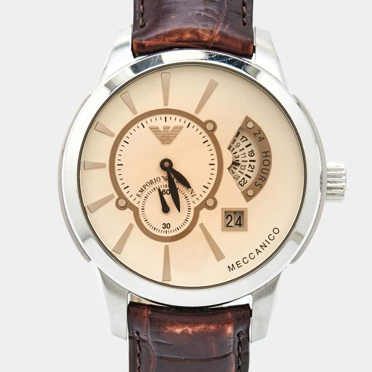 Pre Owned Emporio Armani Beige Stainless Steel Embossed Leather Meccanico AR4604 Men's Wristwatch 43.50 mm