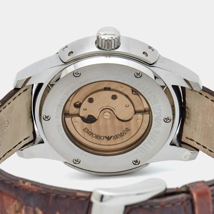 Pre Owned Emporio Armani Beige Stainless Steel Embossed Leather Meccanico AR4604 Men's Wristwatch 43.50 mm