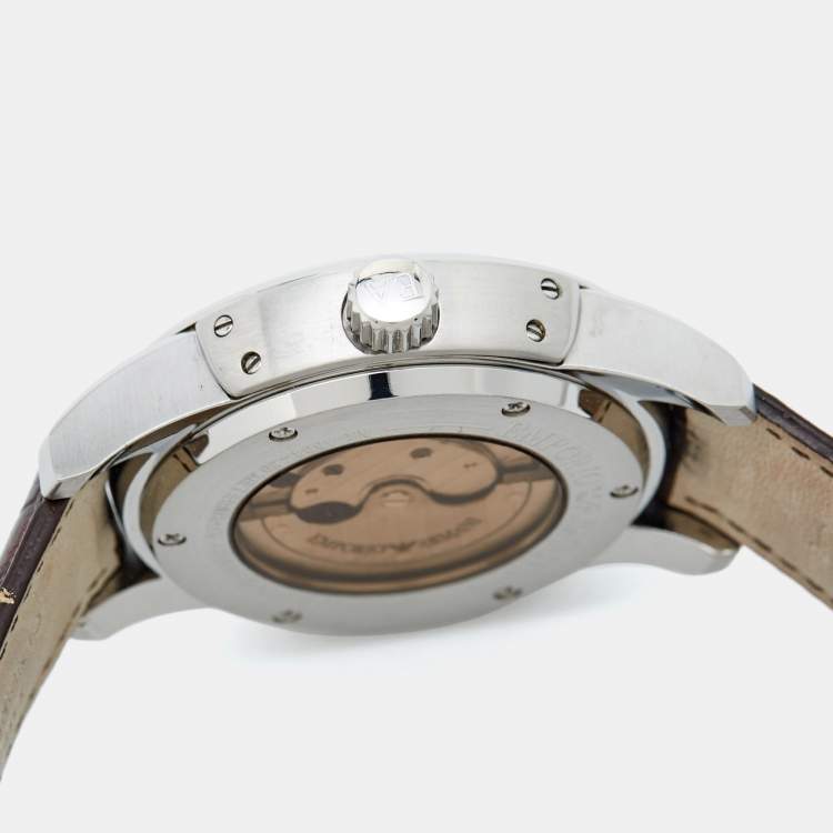 Pre Owned Emporio Armani Beige Stainless Steel Embossed Leather Meccanico AR4604 Men's Wristwatch 43.50 mm