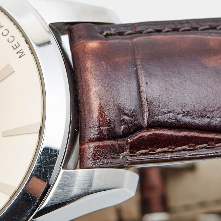 Pre Owned Emporio Armani Beige Stainless Steel Embossed Leather Meccanico AR4604 Men's Wristwatch 43.50 mm