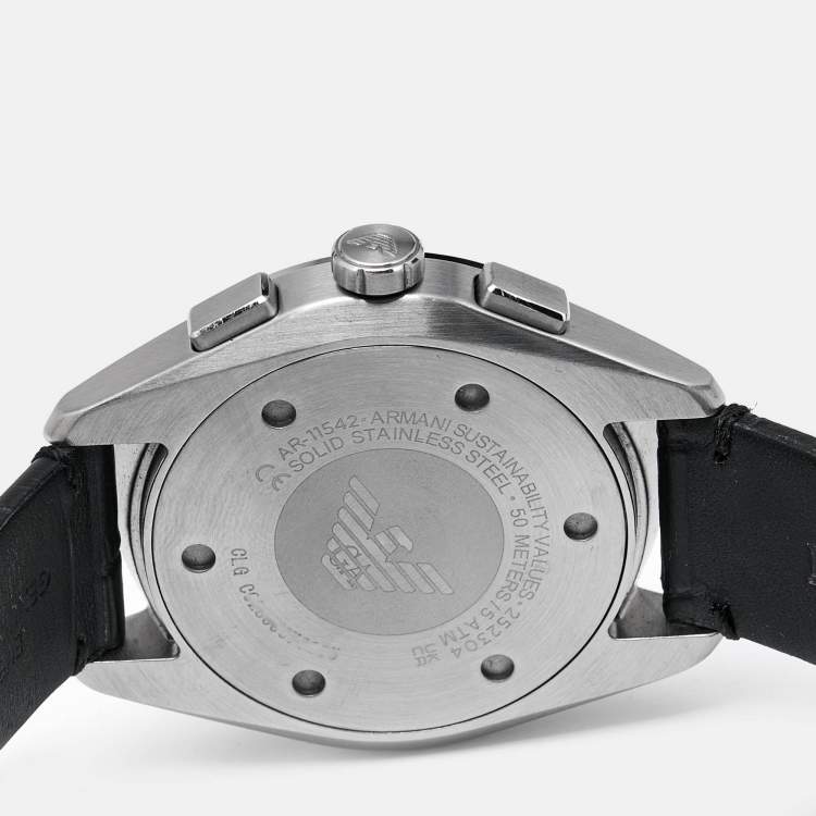 Pre Owned Emporio Armani Black Stainless Steel Embossed Leather Claudio AR11542 Men's Wristwatch 43 mm