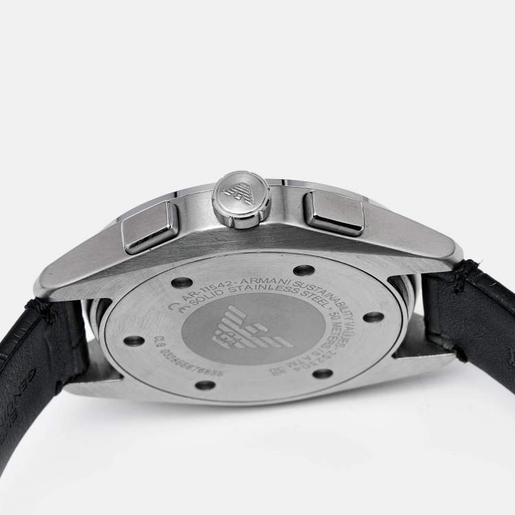 Pre Owned Emporio Armani Black Stainless Steel Embossed Leather Claudio AR11542 Men's Wristwatch 43 mm
