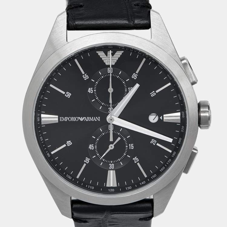 Pre Owned Emporio Armani Black Stainless Steel Embossed Leather Claudio AR11542 Men's Wristwatch 43 mm