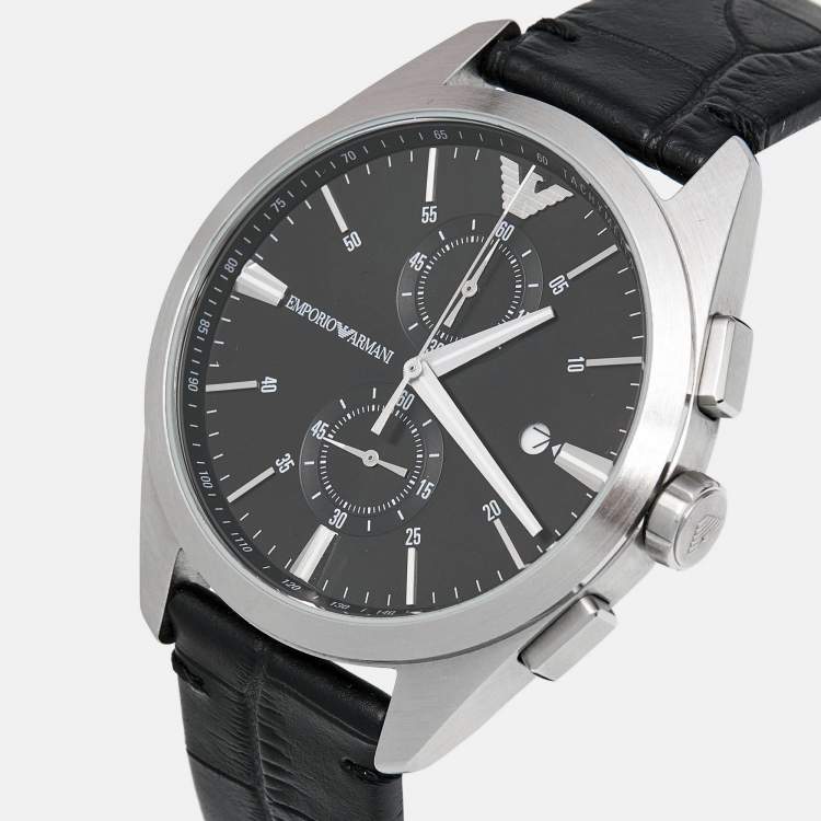 Pre Owned Emporio Armani Black Stainless Steel Embossed Leather Claudio AR11542 Men's Wristwatch 43 mm
