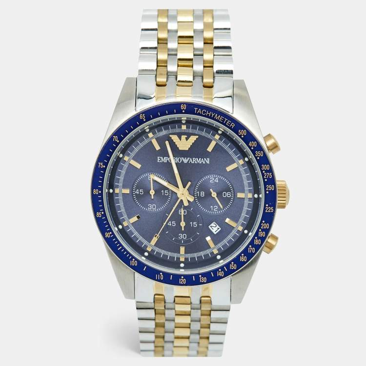 Pre Owned Emporio Armani Navy Blue Two Tone Stainless Steel AR6088 Men's Wristwatch 46 mm