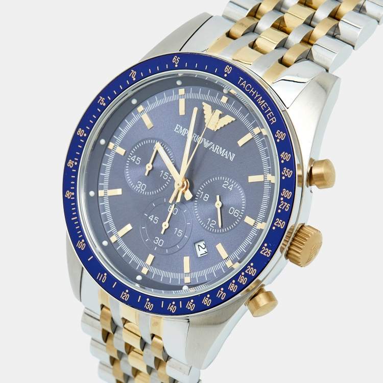 Pre Owned Emporio Armani Navy Blue Two Tone Stainless Steel AR6088 Men's Wristwatch 46 mm