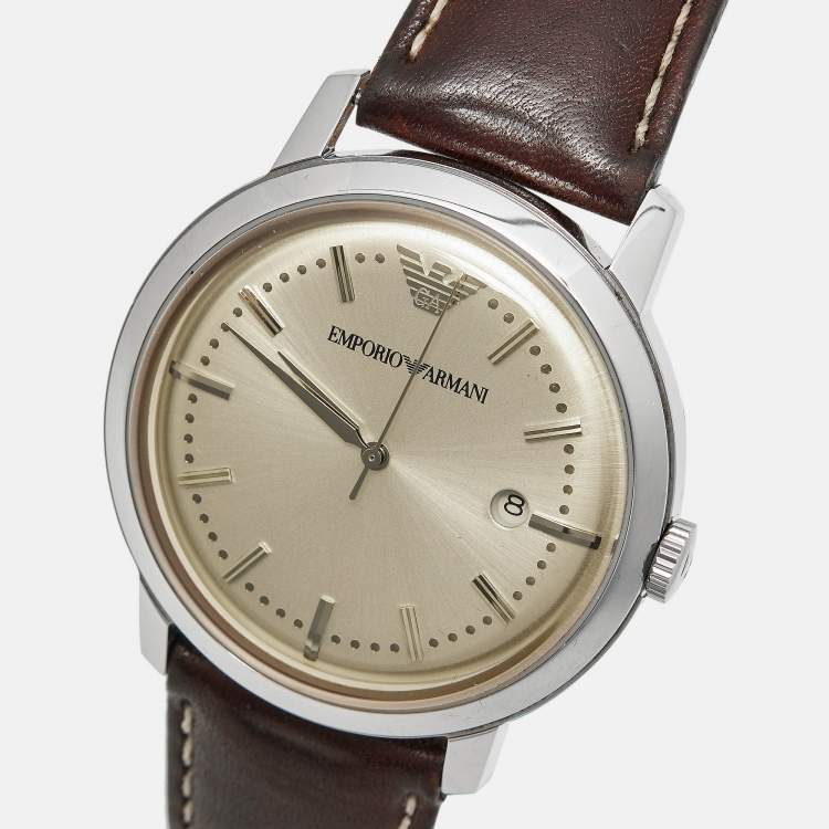 Pre Owned Emporio Armani Champagne Stainless Steel Leather AR-0573 Men's Wristwatch 42 mm 