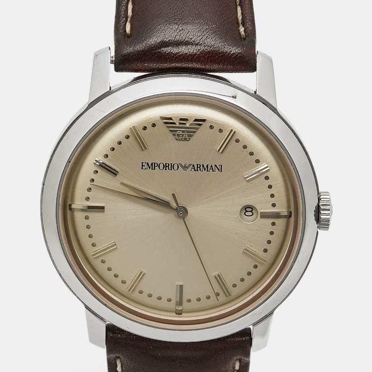 Pre Owned Emporio Armani Champagne Stainless Steel Leather AR-0573 Men's Wristwatch 42 mm 