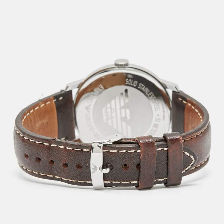Pre Owned Emporio Armani Champagne Stainless Steel Leather AR-0573 Men's Wristwatch 42 mm 