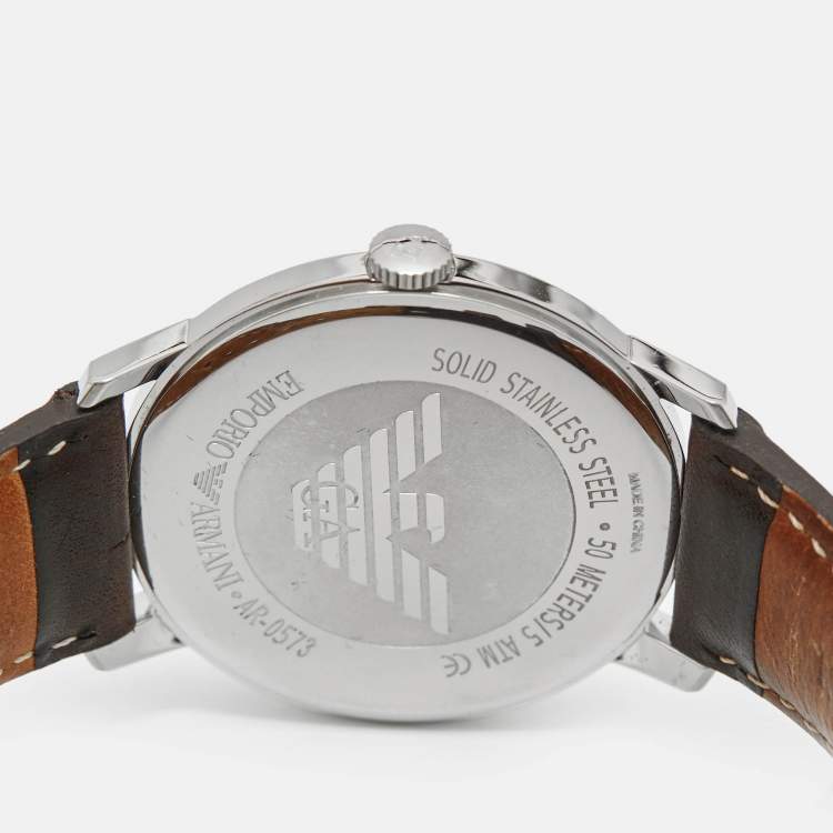Pre Owned Emporio Armani Champagne Stainless Steel Leather AR-0573 Men's Wristwatch 42 mm 