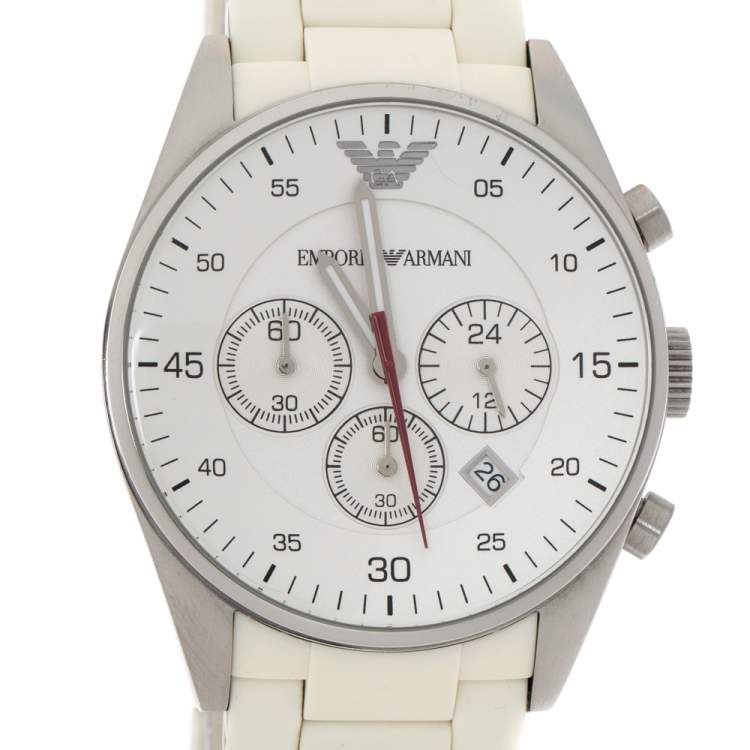Pre Owned Emporio Armani White Stainless Steel Tazio AR5958 Men's Wristwatch 42 MM