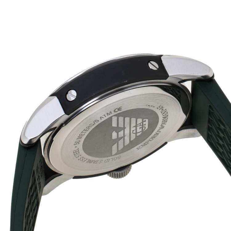 Pre Owned Emporio Armani Green Stainless Steel Rubber AR5874 Men's Wristwatch 45 mm