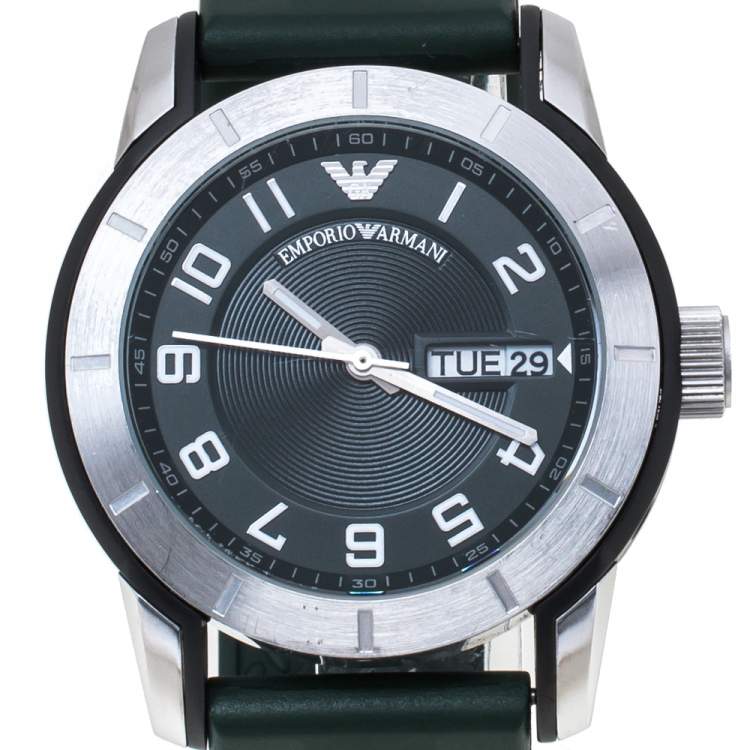 Pre Owned Emporio Armani Green Stainless Steel Rubber AR5874 Men's Wristwatch 45 mm