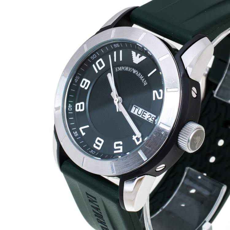 Pre Owned Emporio Armani Green Stainless Steel Rubber AR5874 Men's Wristwatch 45 mm