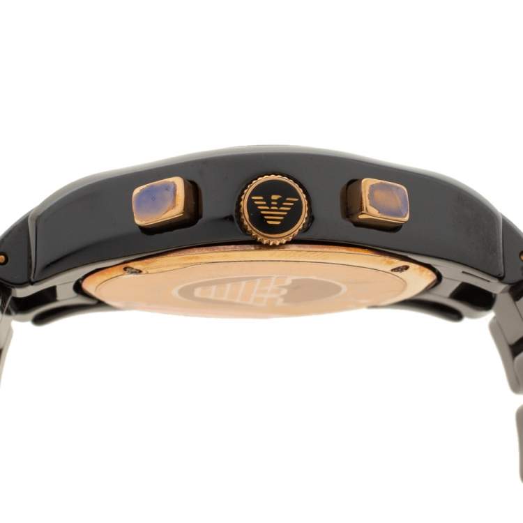 Pre Owned Emporio Armani Black Ceramic Rose Gold Tone Stainless Steel Ceramica AR1410 Men's Wristwatch 42 mm