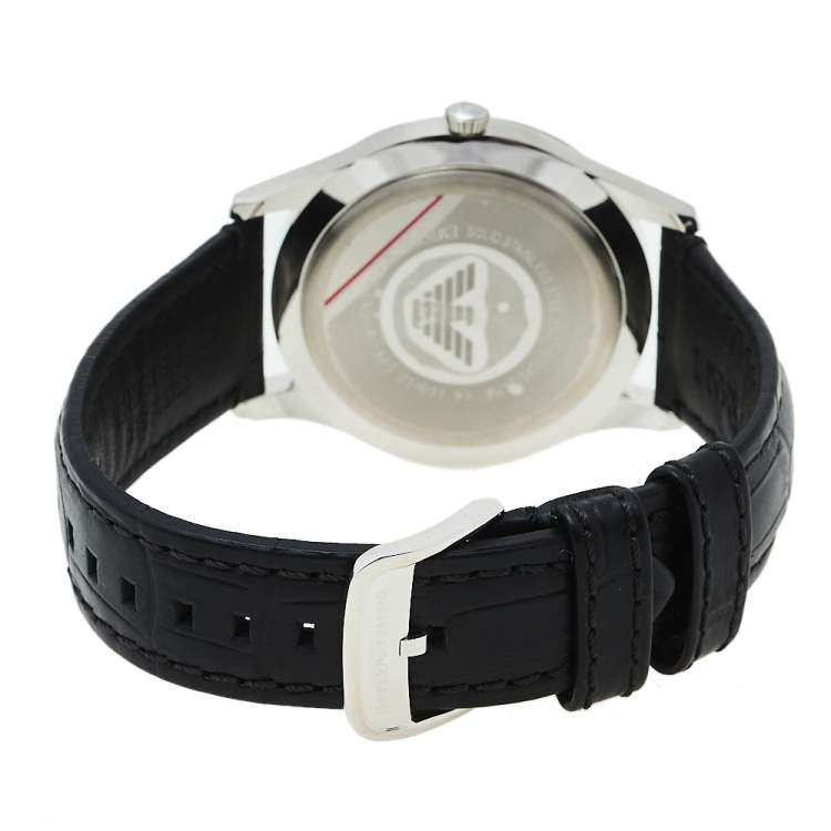 Pre Owned Emporio Armani Black Stainless Steel Leather Classic AR1865 Men's Wristwatch 41 mm
